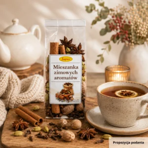 Mieszanka zimowych aromatów Japar – przyprawy korzenne do grzańca i herbaty w klimatycznej aranżacji z cynamonem, anyżem i filiżanką herbaty.